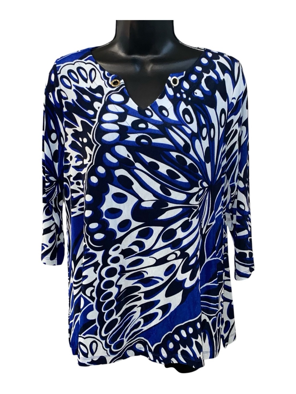 Chico's Travelers Women's 3/4 Sleeve Top Tunic Butterfly Print Blue White SZ 1P